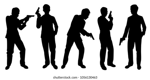 Business Man With Gun Silhouette Vector. Spy Set.