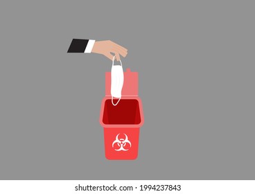 business man hand abandon medical face mask to infectious waste bin for hygienic condition vector