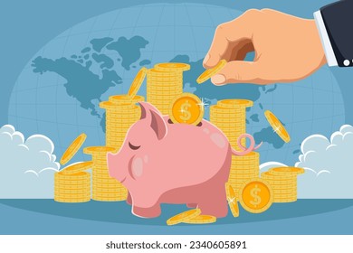Business man hand adding coins to piggy bank. Business piggy bank concept. Earnings, saving and finance concept. Vector illustration flat design.