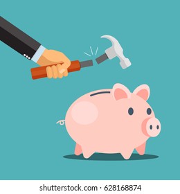 Business Man Hand Breaking Piggy Bank , Hammer Broken  - Vector Illustration