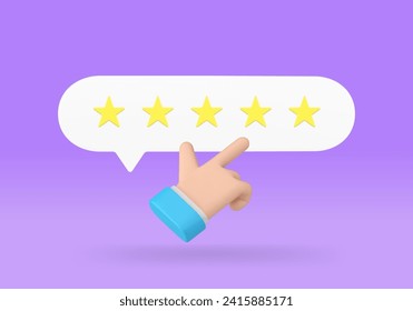 Cursor de mano de hombre de negocios haga clic en cinco estrellas que califiquen mejor opción del cliente Icono 3d ilustración vectorial realista. Los clientes recomiendan retroalimentación excelente evaluación de la calidad del servicio de calidad del producto