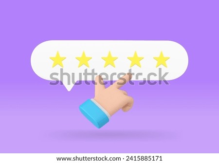 Business man hand cursor click five stars rating best customer choice 3d icon realistic vector illustration. Client recommend feedback excellent rate evaluation product service quality guarantee