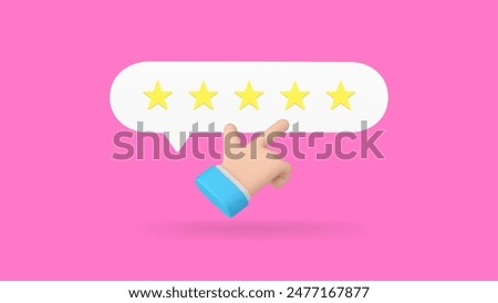 Business man hand cursor click five stars rating best customer choice 3d vector banner billboard template. Client recommend feedback excellent rate evaluation product service quality guarantee