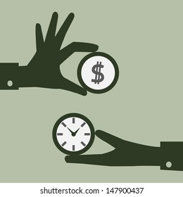 Business man hand exchanging time and money to each other. Abstract background. Vector illustration.