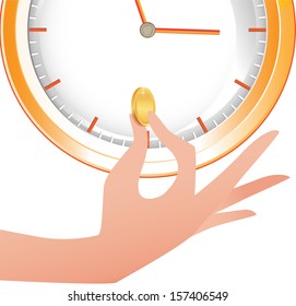 Business man hand exchanging time and money . Abstract background. Vector illustration.