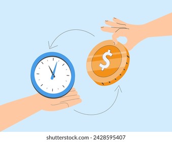 Business man hand exchanging time and money to each other. Abstract background. Vector illustration. Long term investing or savings for retirement fund, compound interest or investment growth, tax 