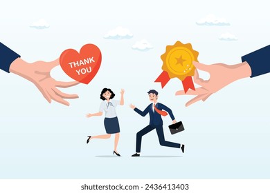 Business man hand giving heart with thank you and reward to employees, employee appreciation, giving thank you or recognition award to best employees, gratitude or grateful support, thankful (Vector)