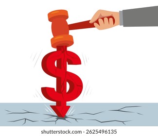 Homem de Negócios Martelo Mão Acertou Dólar Sinais Cracked. Conceito de crise financeira. Ilustração de vetor de desenhos animados. 