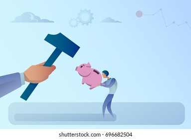 Business Man Hand Hitting Piggy Bank With Hammer Flat Vector Illustration