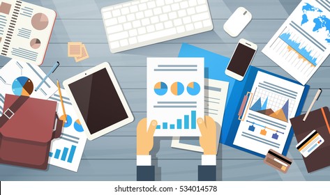 Business Man Hand Hold Financial Graph Desk Documents Papers Folder Office Stuff Top Angle View Flat Vector Illustration