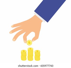 Business man hand hold gold coin and stacks with coins on white background vector illustration in flat design.