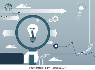 Business Man Hand Hold Magnifying Glass With Light Bulb New Idea Concept Flat Vector Illustration