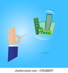 business man hand hold a needle with building property estate in bubble economy