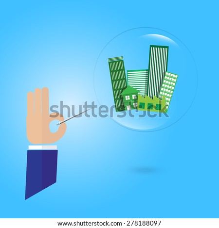 business man hand hold a needle with building property estate in bubble economy