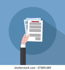 Business Man Hand Hold Paper Documents, Sign Up, Contract Agreement Concept Vector Illustration