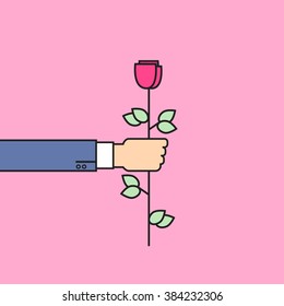 Business Man Hand Hold Rose Flower Thin Line Vector Illustration