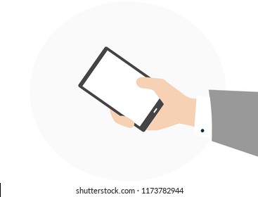 Business man hand hold smart phone with empty screen. Perfect for your design.White grey background. Concept of online banking and website banners advertising goods or services 