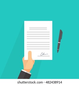 Business man hand holding contract agreement vector illustration and signed  with pen in flat style