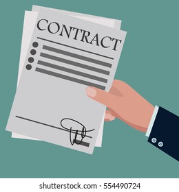 Business man hand holding contract agreement vector illustration, signed treaty paper with pen, legal document symbol.Contract document with rubber stamp and pen. Sign contract concept.