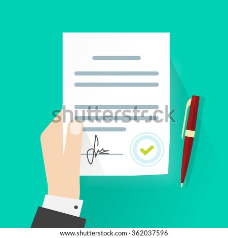 Business man hand holding contract agreement vector illustration, signed treaty paper with pen, legal document symbol with stamp, documentation flat sign modern design isolated on green background