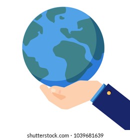 Business man hand holding earth terrestrial globe. Whole planet in hand of business concept vector illustration.