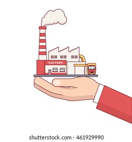 Business man hand holding factory building for sale. Electrical power production plant with steam pipes. Modern flat style thin line vector illustration isolated on white background.