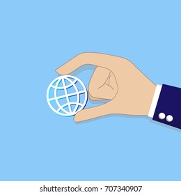 Business man hand holding global icon on blue background. EPS10 vector illustration for design element, poster, template, banner, business scene. Hand in suit with abstract globe image.