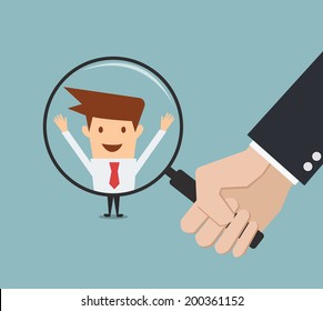 Business Man Hand Holding Magnifying Glass For Search A Man. Recruitment Or Selection Concept. 