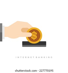 Business Man Hand Holding Money Coin And Dollar Icon Internet Banking Flat Design Vector Illustration