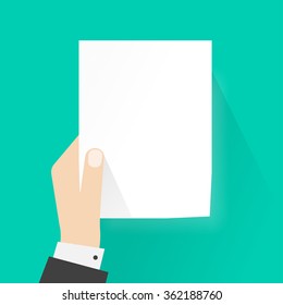 Business man hand holding paper mockup empty template vector illustration, a4 blank sheet list without text, concept of attention, announcement frame flat style design isolated on green