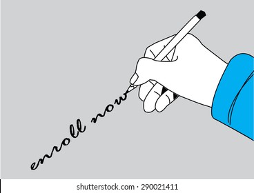 business man hand holding pen writing enroll now on paper, vector illustration

