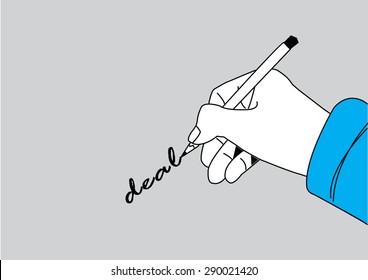 business man hand holding pen writing deal on paper, vector illustration

