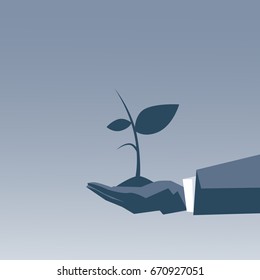 Business Man Hand Holding Plant Project Growth Concept Vector Illustration