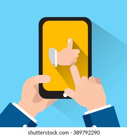 business man hand holding smart phone and touch - vector illustration