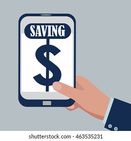 Business man hand holding smart phone and dollar icon internet banking flat design vector illustration