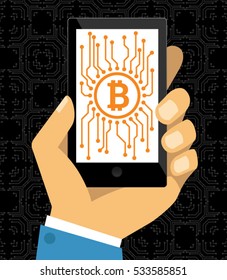 Business Man Hand Holding Smartphone with Bitcoin Icon on Screen Mobile Gadget Flat Design Mockup Vector EPS 10 Illustration
