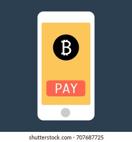 Business Man hand holding smartphone with bitcoin icon on screen mobile gadget flat design mockup. Vector
