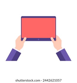 Business man hand holding tablet pc empty copy space screen browsing internet website vector flat illustration. Boss arms suit user interface display online shopping application advertising isolated
