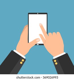 Business man hand holding a tablet smartphone with point and touching a blank screen on blue background. Vector illustration flat design business technology concept. 