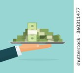 Business man hand holding tray with big pile of money vector symbol illustration, bank loan cash giving, credit packet, hypothec, mortgage, salary payment, modern design isolated, flat style emblem 