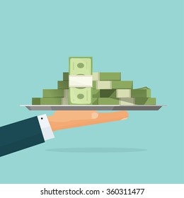 Business man hand holding tray with big pile of money vector symbol illustration, bank loan cash giving, credit packet, hypothec, mortgage, salary payment, modern design isolated, flat style emblem 