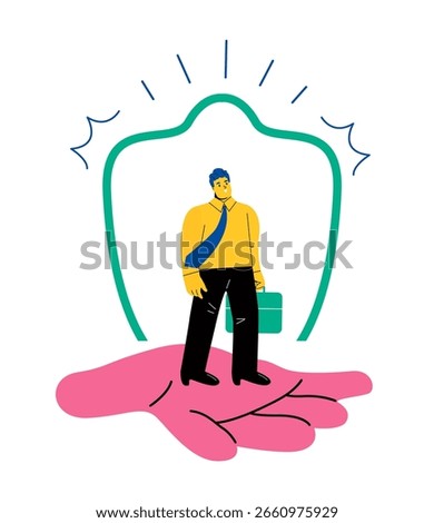 Business man in a hand holds client. Customer Care, retention or loyalty concept. Flat vector illustration isolated on white background 
