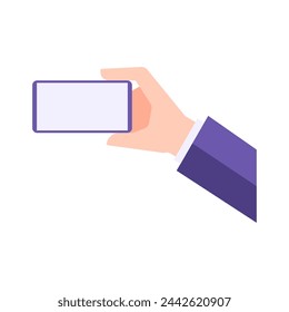 Business man hand horizontal holding telephone comfortable watching online marketing advertising content vector flat illustration. Male boss use mobile phone application for internet browsing isolated