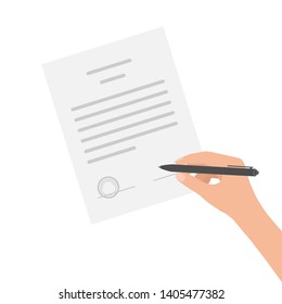 Business man hand makes out manually contract agreement. Signed treaty paper with pen, legal document symbol with stamp, documentation. Vector illustration