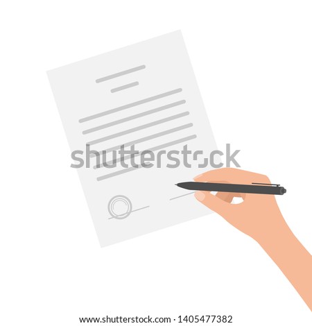 Business man hand makes out manually contract agreement. Signed treaty paper with pen, legal document symbol with stamp, documentation. Vector illustration