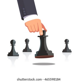 Business man hand making a strategic chess move with white queen piece with support of her pawns. Modern flat style concept vector illustration isolated on white background.