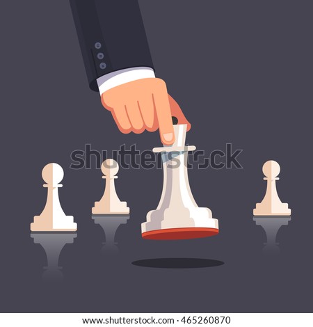 Business man hand making a strategic chess move with white queen piece with support of her pawns. Modern flat style concept vector illustration isolated on white background.