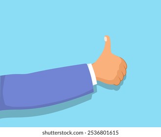 Business man hand on left side making thumbs up with empty space on blue background vector illustration. Professionalism and positivity on business concept