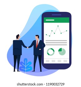 Business man hand shake with big smart phone shows analytics chart data pie financial information on screen. vector illustration