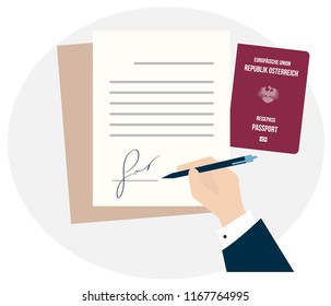 Business man hand sign fake signature document vector illustration, person hold contract visa application. Austrian citizenship biometric passport. Travel or Immigration to Austria European Union